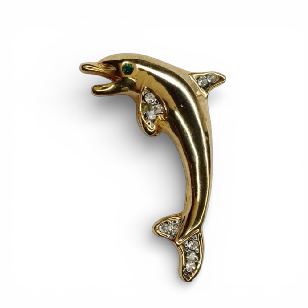 Vintage Gold Tone Dolphin Brooch – Green Eye & Rhinestone Accents - Picture 6 of 11